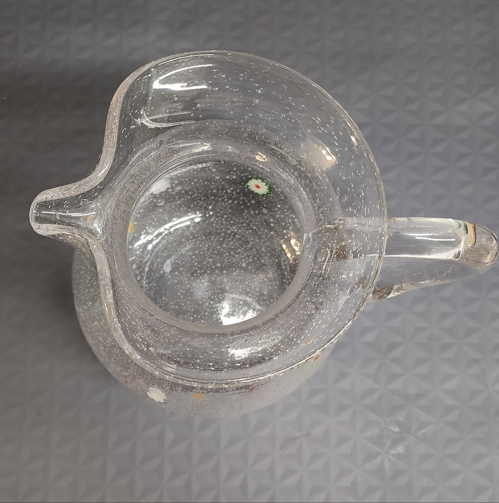 Hand blown clear bubble glass pitcher with flowers 9" beautiful flared top - Picture 2 of 11